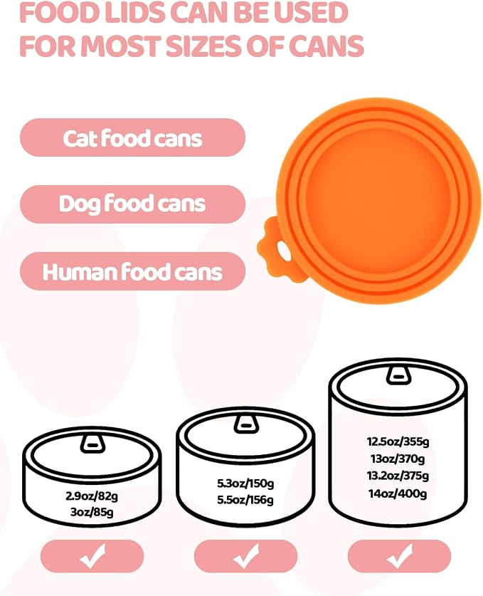 5 PCS Cat Food Can Covers Lids Set, Silicone Pet Food Can Lids with Multi-Function Cat Food Spoon and Opener, Cat Bar Squeezer, Stainless Steel Wet Food Spoon for Cats and Dogs (Pink) (Orange)