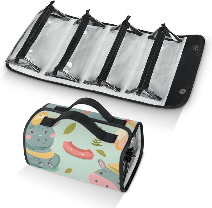 Hippopotamus Makeup Bag for Women Hanging Roll-Up Travel Organizer Toiletry Kit with 4 Removable Compartments, Tropical Theme