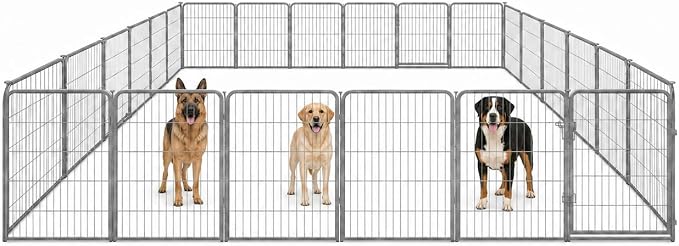 Dog Play Pen for Indoor Use - 40'', 24 Panels for Medium and Large Size Dogs - Portable Grey Playpen Kennel for House or Garage - Metal Heavy Duty Pet Fence with Anti-Slip Feet