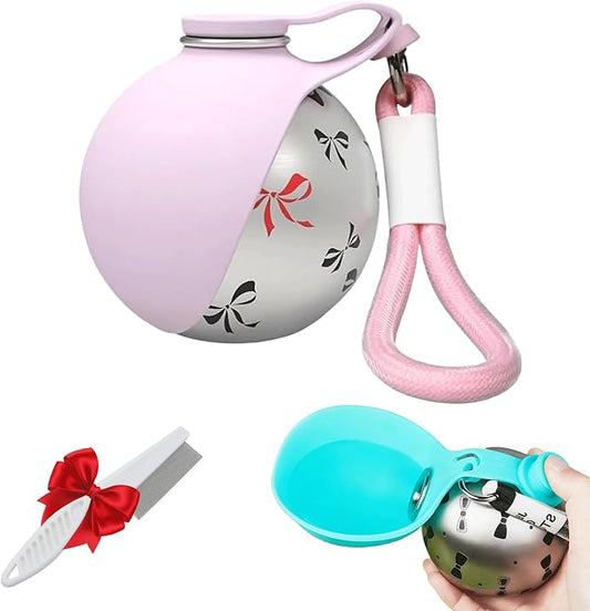 Portable Dog Water Ball, Foldable Pet Water Bottle – Portable, Leak-Proof & Perfect for Travel, 304 Stainless Steel Large-Capacity (287ml) Cup with Foldable Silicone Bowl (Pink with Print)