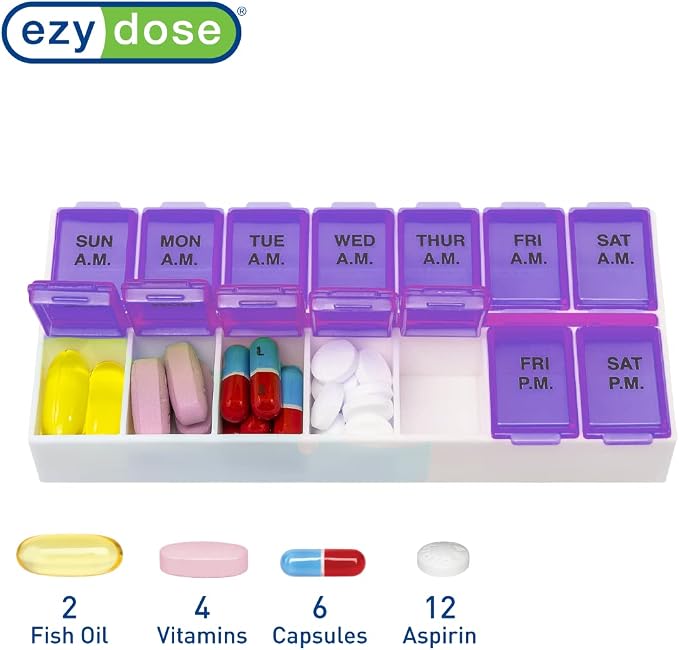 EZY DOSE Weekly (7-Day) AM/PM Daily Pill Case, Medicine Planner, Vitamin Organizer, Fish Oil Holder, Supplements Container, Medium Compartments, 2 Times a Day, Color May Vary, BPA Free (Pack of 3)