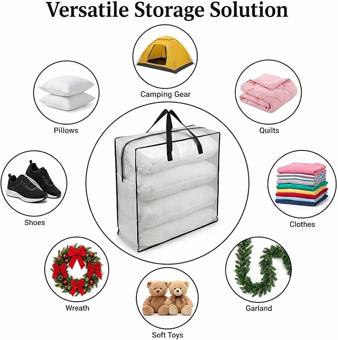 95L Underbed Storage Bag, Clear Foldable Bedding Organizer for Blankets, Comforters, Clothes, Pillows and Seasonal Items, Soft Under Bed Storage Container with Handles, 1 Pack
