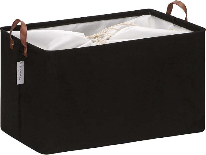 Hinwo 70L Extra Large Canvas Storage Bin with Lid and Handles | Collapsible Fabric Basket, Closet Shelf Organizer, Container for Clothing, Blankets, Toys, Bedding (Black)