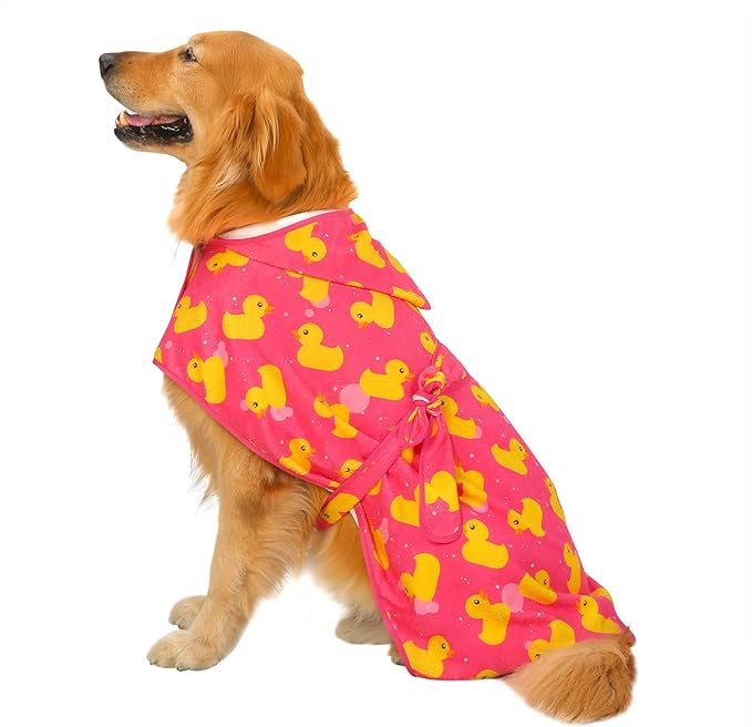 HDE Dog Bathrobe Super Absorbent Quick Drying Puppy Towel Wrap Coat Adjustable After Bath Robes with Hood for Dog Sizes S-XXL Pink Rubber Ducks L