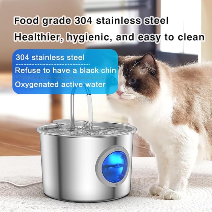 2.2L Stainless Steel Cat Fountain Ultra-Quiet (Under 25dB) & LED Water Level Window, 3-Stage Filtered Flowing Water for Cats, Easy-Clean, Perfect for Indoor Cats, Silver(74oz Cat Fountain + 6 Filters)