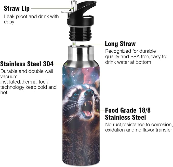 Raccoon with Galaxy Water Bottle with Straw Lid Kids Insulated Stainless Steel Water Flask Sports, 20 Oz Hot Cold
