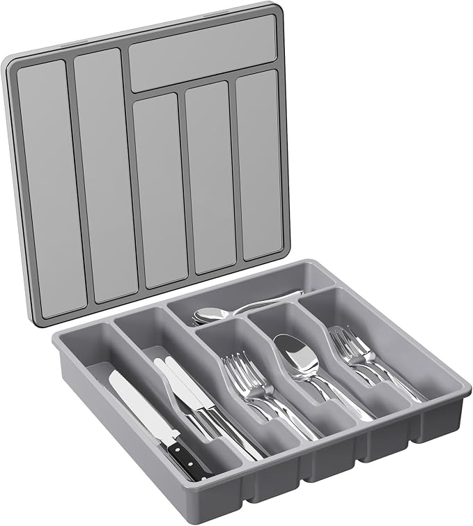 Lifewit Silverware Organizer with Lid, Covered Utensil Tray, 12.6x11.8 | Plastic Cutlery Storage Box for Kitchen Drawer and Countertop, Flatware Case Holder for Spoons Forks Knives, Gray