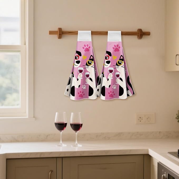 CUTHOLLOW Cartoons Cat and Dog Hanging Kitchen Towels with Loop, Set of 2 - Soft & Absorbent Microfiber Decorative Hand & Hanging Dish Towels for Kitchen, Tea Towel Hang on Oven Door, Stove Handle