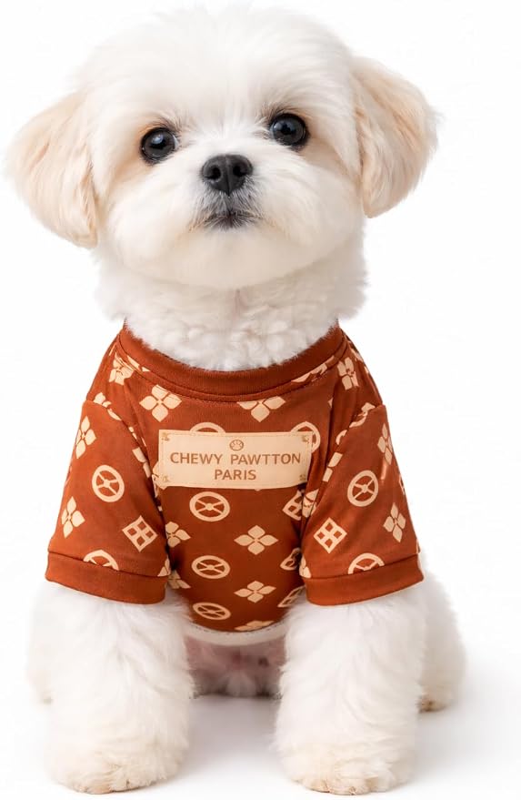 Luxury Designer Dog T Shirt – Trendy Puppy Clothes for Small Dogs, Fashion Pet Tee for French Bulldogs & Chihuahuas, Everything Chic Dog Apparel (ChewyPawttonTee, Large)