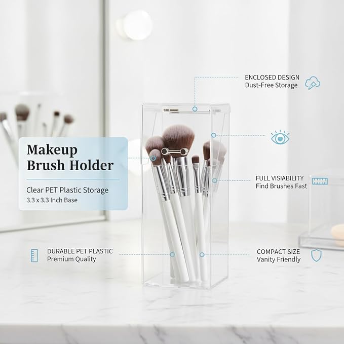 Clear Makeup Brush Holder with Lid, Compact PET Plastic Storage Caddy for Vanity & Travel, 3.3 x 3.3 Inch Base