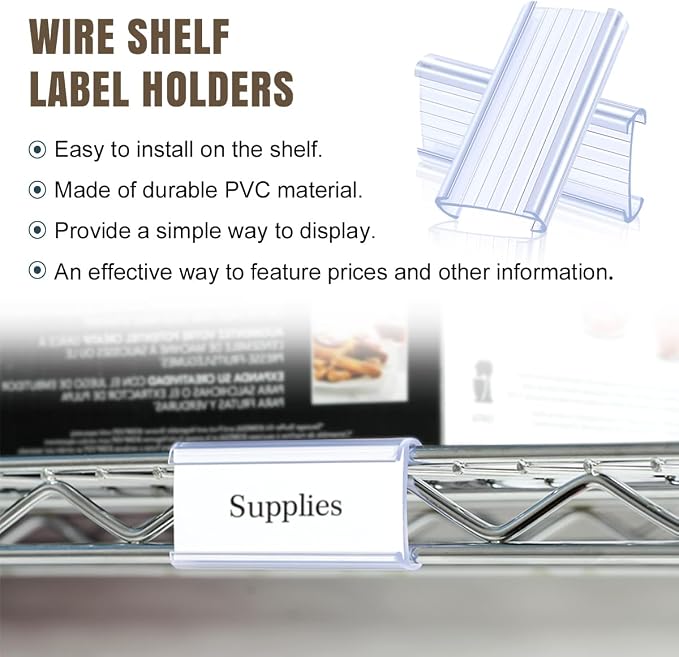 30Pcs Wire Shelf Label Holders,Plastic Wire Rack Label Holder,Compatible with Metro 1-1/4in Shelves,Label Area 3in Lx1.25in H (Label Paper Insert Included)
