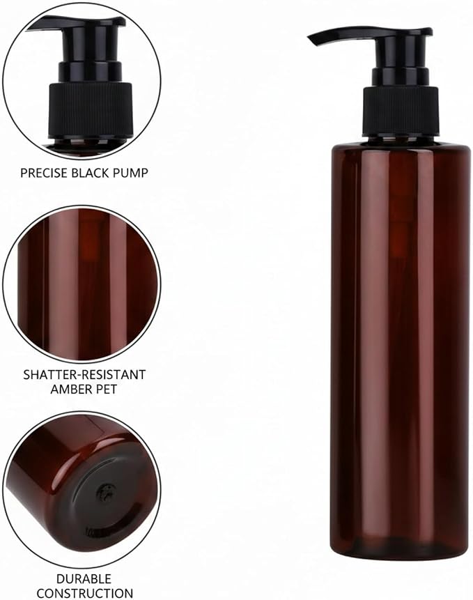 Amber PET Lotion Pump Bottle, Refillable Dispenser for Travel & Bathroom Storage, Black Finish