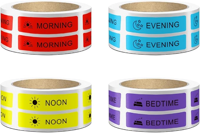 2000 Pcs 4 Rolls Pre-Cut Medicine Stickers Medication Instruction Labels | Morning Noon Evening Bedtime Medication Reminder Stickers for Pill Case Planner or Pocket Pharmacy Labels (500 Per Roll ）