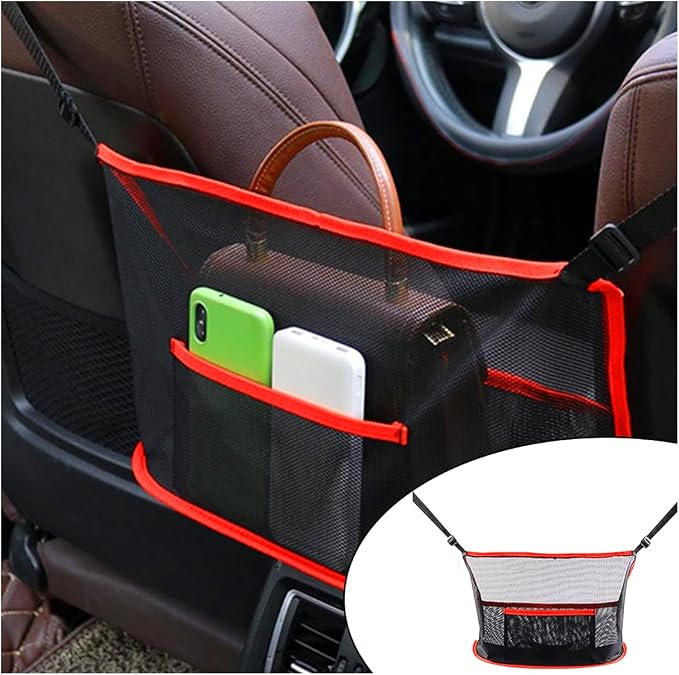 GLSOWEE Handbag Holder for Car, Auto Net Pocket Purse Holder Between Front Seats, Storage Organizer, Universal Accessories for Women and Men, Pet/Kids Barrier (Red)