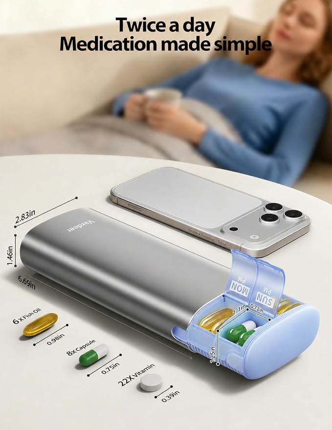 Vaydeer Metal 7 Day Travel Pill Organizer 2 Times a Day, Built-in Desiccant | AM PM weekly Travel Pill Case, Twice-Daily，Airtight Large Capacity Pill Box for Vitamins, Medication, Supplements & Fish Oil