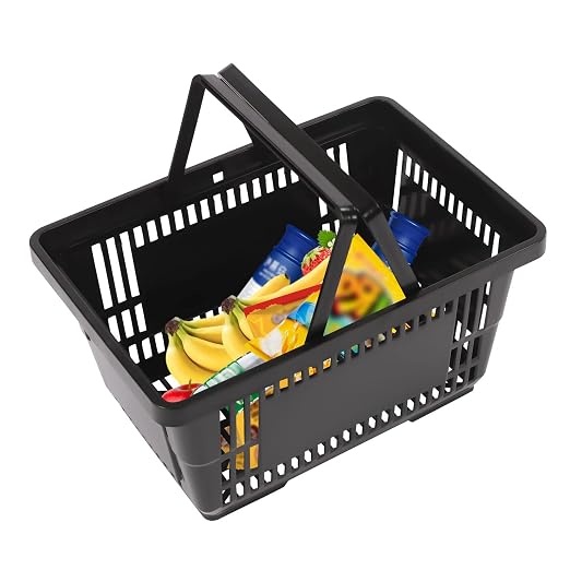 12PCS Shopping Baskets with Handles, 17x12x9inch Plastic Storage Bins Grocery Baskets, 21L Portable Shop Basket Used for Supermarket, Retail, Bookstore (Black)