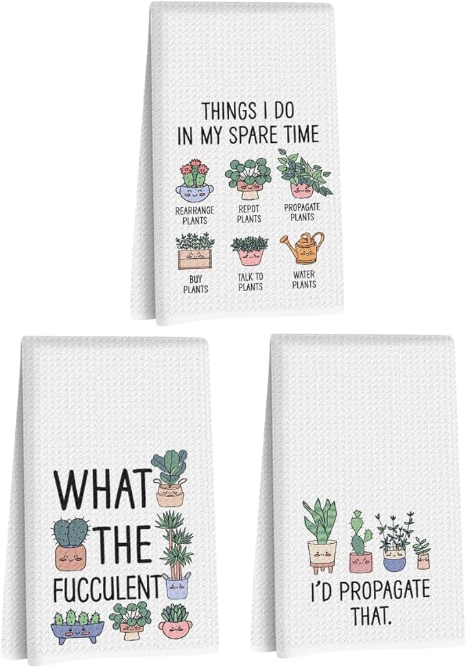 Hanamiya Na 3 Pcs Funny Kitchen Towels, Plant Lover Gifts for Women Mom, Succulent Cactus Plant Gifts Dish Towel, Leaves Waffle Weave Hand Tea Towels for Kitchen Home Farmhouse Decor-24x14 Inch