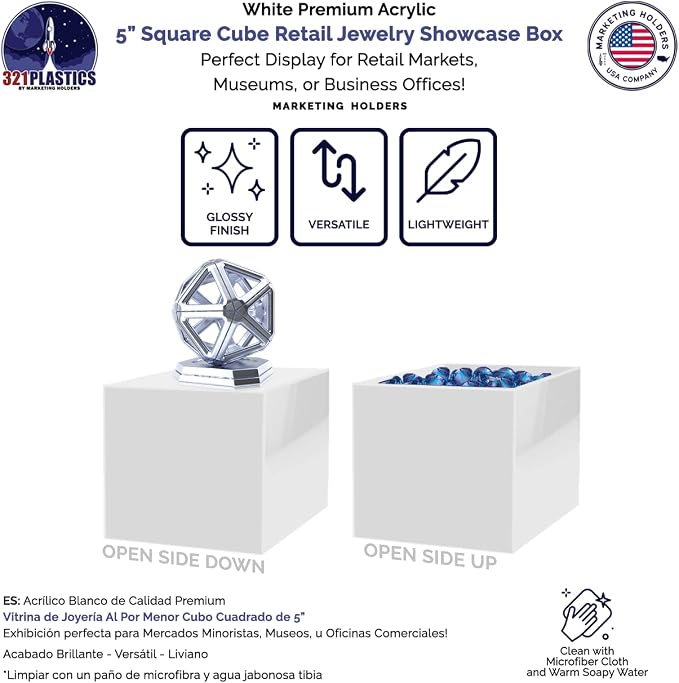 5" Acrylic Display Riser Box with One Open Side No Lid Preassembled Versatile Glossy White Square Lucite Retail Product Platform or Merchandise Storage Bin by Marketing Holders