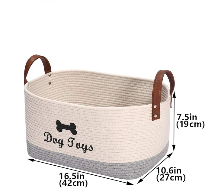 Large Dog Toy Basket, 100% Cotton Rope Dog Toy Storage Bin-Beige ﻿ ﻿ | Dog Toy Box for Livingroom Area with Handle for organizing Pet toys,Blankets,Leashes,Pee Mats and Diapers-16.5"x10.6"x 7.5"