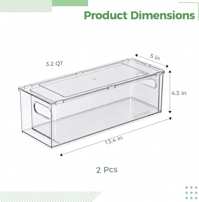 2 Pack Fridge Drawer Pull Out Stackable Bins, 13.4 x 5 x 4.3 in | 3.2 qt Clear Refrigerator Stackable Organizers and Storage Bins, Food-Safe PET Plastic Food Containers for Kitchen Pantry