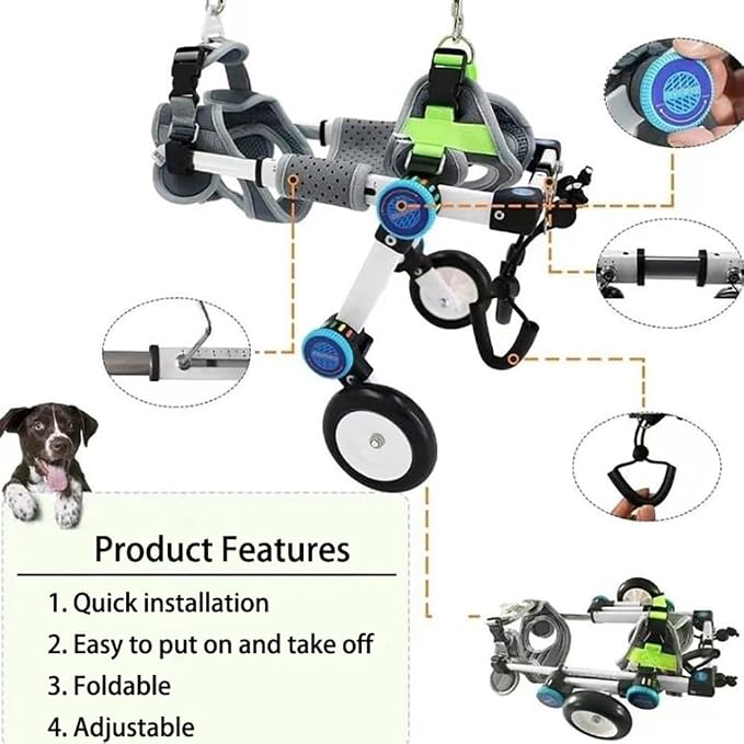 Dog Wheelchair Cart for Hind Legs Support Adjustable Pet Mobility Aid 3XS–M Aluminum Alloy Frame Shock Proof Bearings Durable Rubber Tires for Disabled Senior Dog Walking