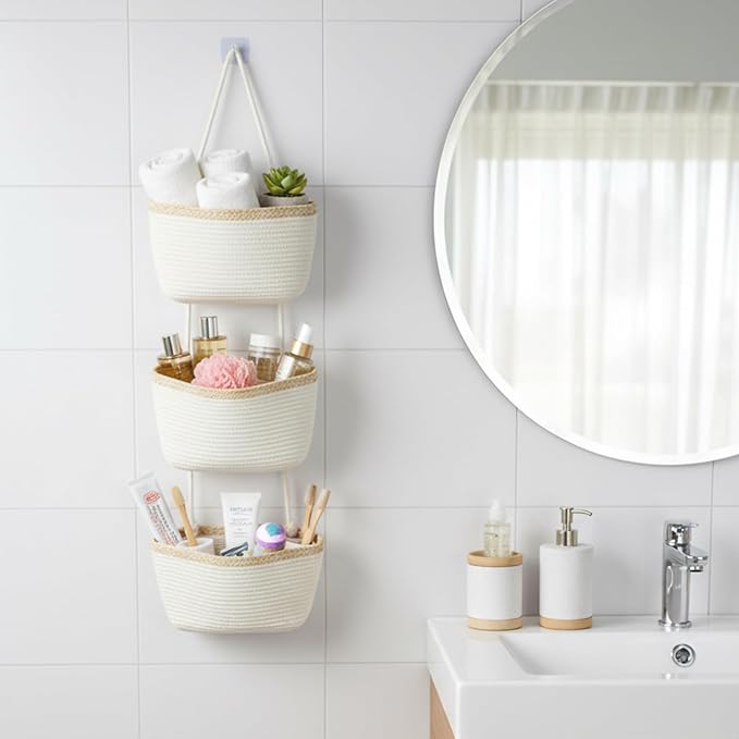 TeoKJ Over the Door Hanging Basket, 3-Tier Woven Cotton Wall-Mounted Storage Organizer Bag Decorative Hanging Nursery Baskets, White & Light Brown