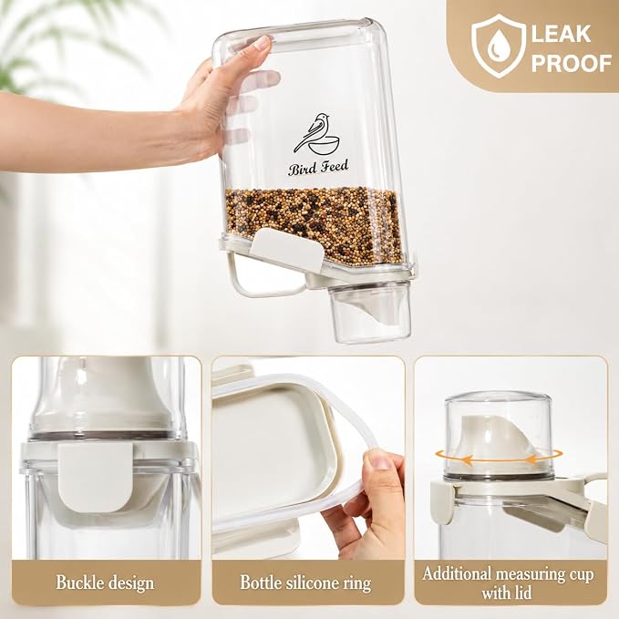 Bird Seed Storage Container,2.8L Airtight Bird Food Container with Handle and Measuring Cup,Portable Pet Food Container for Wild Bird Sunflower Seed-BPA Free Transparent/White
