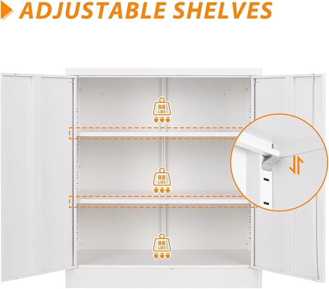 Metal Storage Cabinet, Lockable Storage Cabinet with 2 Doors and Shelves, Metal Cabinet with Lock, Small Lockable for Home Office(White)