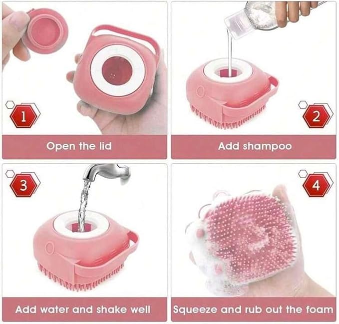 Dog Bath Brush with Shampoo Dispenser – Soft Silicone Pet Massage Scrubber for Short & Long Haired Dogs & Cats – Shedding & Grooming Brush for Deep Cleaning – Stress-Free Pet Bathing Supplies (Pink)