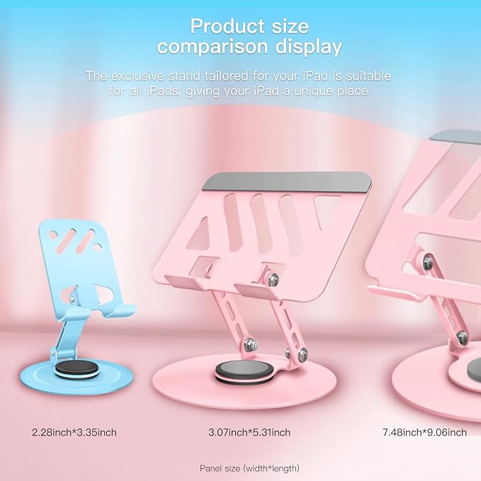 360° Rotating Tablet Stand - Pink |Adjustable Dual Rotary Shaft,Folding Design | Fits iPads & Tablets Up to 13" | Ideal for Work,Painting,Office,Travel,Home