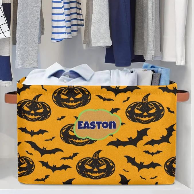 Custom Storage Baskets Name, Personalized Storage Bins Basket Boxes PU Leather Handles for Clothes Bedroom Closet Organizing Toys Books Shelves, Black Halloween Pumpkin Bats Pattern Yellow