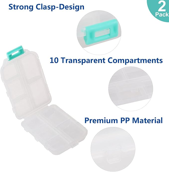 Pill Case (2 Pack) - Portable Small Supplements Tablet Container Box with 10 Compartments - Medicine Capsule Vitamin Organizer Dispenser Holder Storage for Travel Trip Pocket Purse(Pink+White)