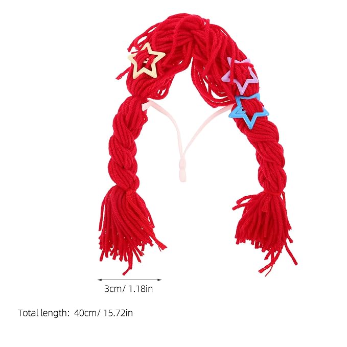 Funny Cat Braids Wig with Red Yarn and Bows, Comfortable Fit and Washable Pet Costume Accessory for Holiday Celebrations and Cat Selfie Props
