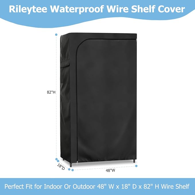 Rileytee Wire Shelf Cover,Heavy Duty 600D Dustproof Waterproof Shelf Covers for Wire Shelving,Outdoor Storage Rack Cover for Wire Rack with Zipper,Black,48"W x 18"D x 82"H