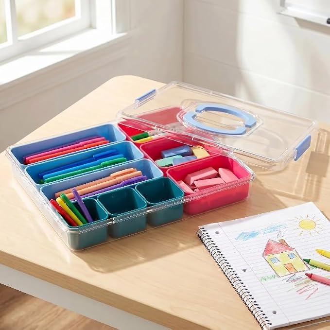 Teacher Tackle Box with Multiple Compartments, Pink & Blue Portable Classroom Supply Organizer for Teacher Tools, Classroom Art & Small Teaching Accessory Storage