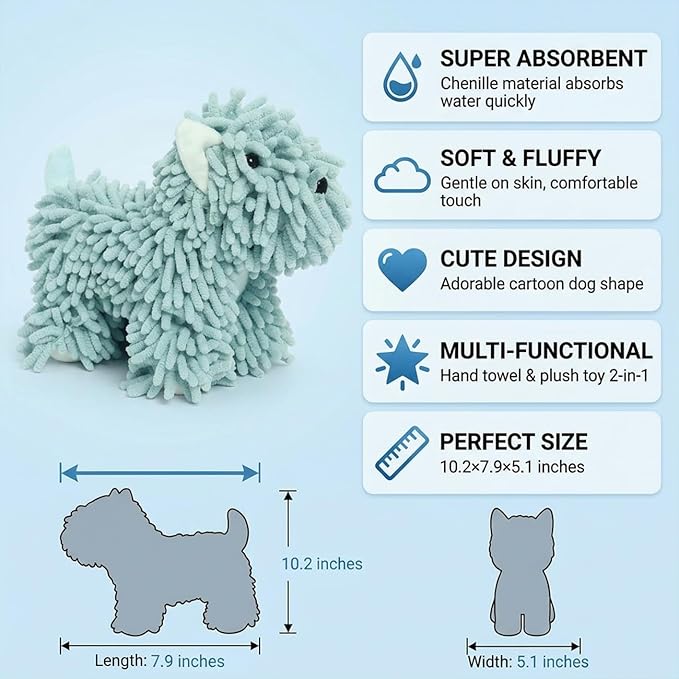Cute Dog Chenille Hand Towel, 3D Fuzzy Puppy Hangable Ball Hand Towel Microfiber Super Soft Absorbent Bathroom & Kitchen Towels with Hanging Loop, Can Be Placed on the Sink Countertop (Green)