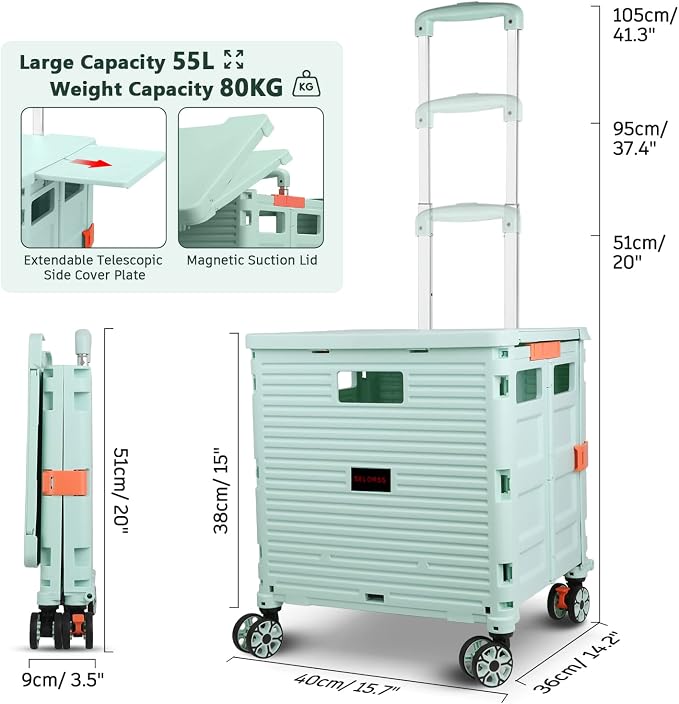 Foldable Utility Cart Collapsible Portable Crate Rolling Carts with Wheels Tote Basket with Magnetic Lid Telescopic Cover Wear-Resistant 360°Rotate Wheel Noiseless for Shopping Storage Office Use