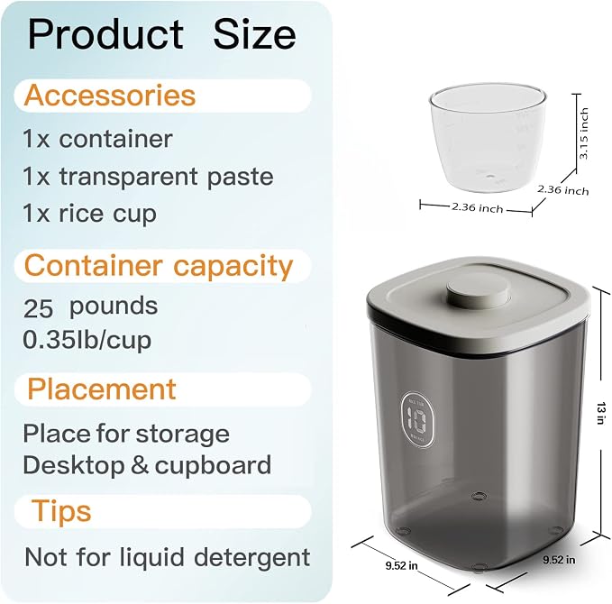 22-25 Lbs Rice Dispenser Storage Container | 10l /10.5 Qt Capacity, With Measuring Cup & Cleaning Brush, Kitchen Pantry Cereal & Pet & Laundry Pod Bin