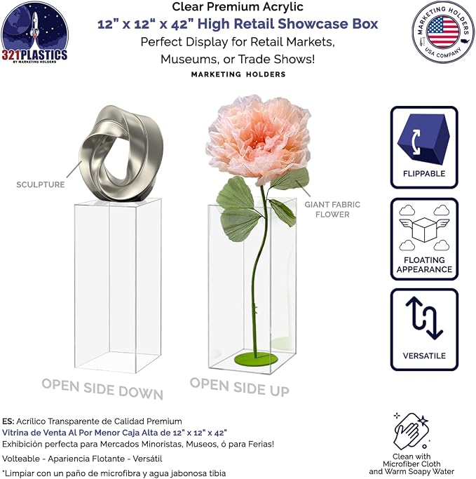 Marketing Holders Acrylic Display Riser Box Hollow No Lid Clear Podium Display Box 12 x 12 x 42 No Lid Art Sculpture 5 Sided One Piece Pedestal Pillar Post Stand Expo Event Wedding Reception