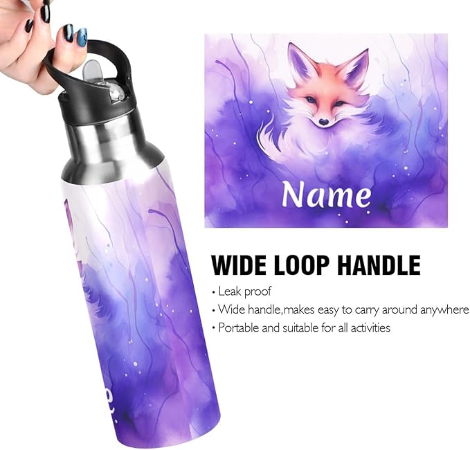 Custom Name Fox Art Water Bottle with Straw Lid Kids Insulated Stainless Steel Water Flask Sports, 20 Oz Hot Cold