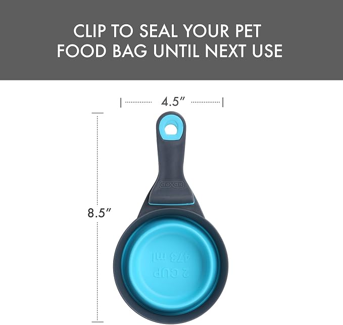 Dexas Popware for Pets Collapsible Klip Scoop, 3-in-1 Pet Food Scoop, Measuring Cup and Bag Clip, 2 Cup Capacity, Blue