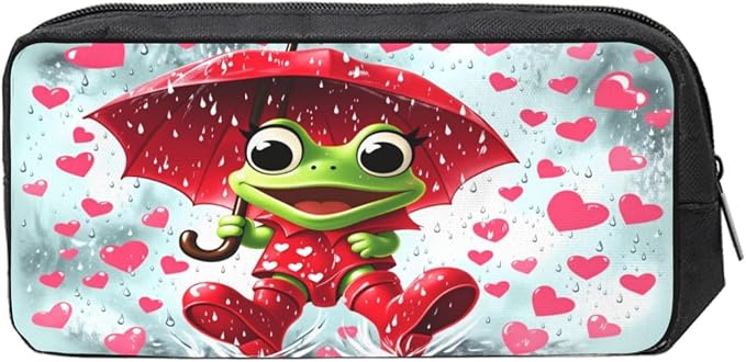 Frog playing in the rain Large Pencil Case, Durable Pen Bag Zipper Organizer Pouch for Office Travel for Women Men