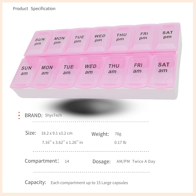7 Day Weekly Pill AM PM Organizer, ShysTech Large Pill Case Pill Box for Pills/Vitamin/Supplements/Medication (Pink, Regular)