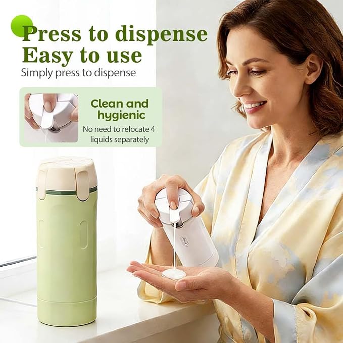 HISKI 4 in 1 Travel Bottles for Toiletries,Portable Travel Toiletries Bottle Set, Portable Containers for Shampoo Lotion Conditioner Cream Transparent with Scale and Label (Green-1)