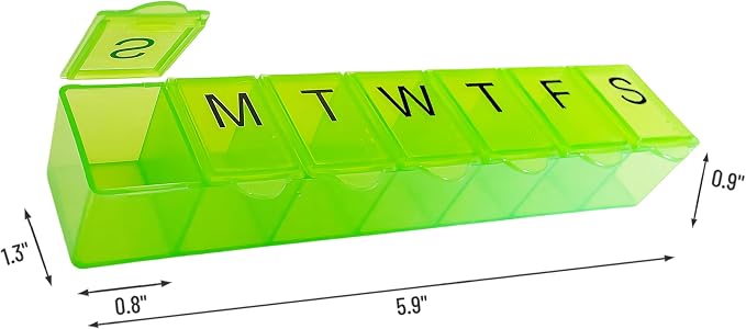 2 Pack Weekly (7-Day) Pill Organizer, 7 Days Pill Case Travel Daily Pill Box Portable Medicine Organizer and Planner with Compartment for Vitamins, Fish Oil, Supplements and Medication (Green&Purple)