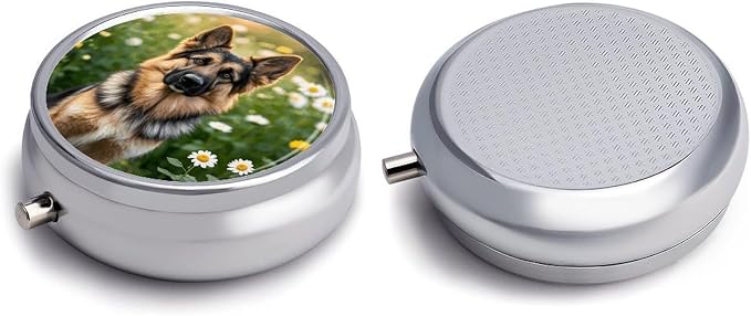 Pill Box 3-Compartment Portable Pill Case Cute Pet German Shepherd Dog Round Metal Medication Organizer Small Weekly Medication Case with Mirror Stylish Vitamin Holder for Purse Pocket Travel