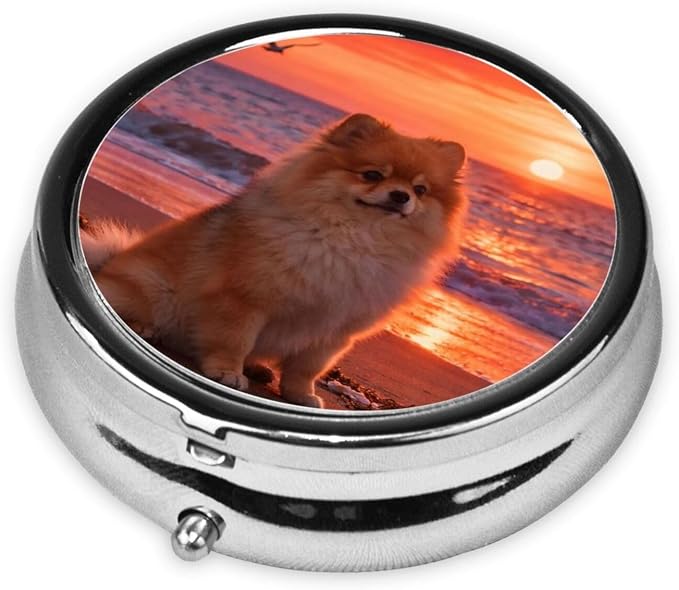 Pomeranian On The Beach Portable Pill Organizer | 3 Compartment, With Mirror, For Men Women, For Daily Supplements, Vitamins, Fish Oil, Jewelry, Candy, Travel