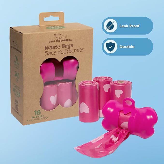 Best Pet Supplies Poop Bags for Dogs - Pink Heart, 240 Count | Scented, Leak-proof, Easy-Tear perforations, 15 Thick Bags per roll, Outdoor Walking & Travel, Fits Standard Holders