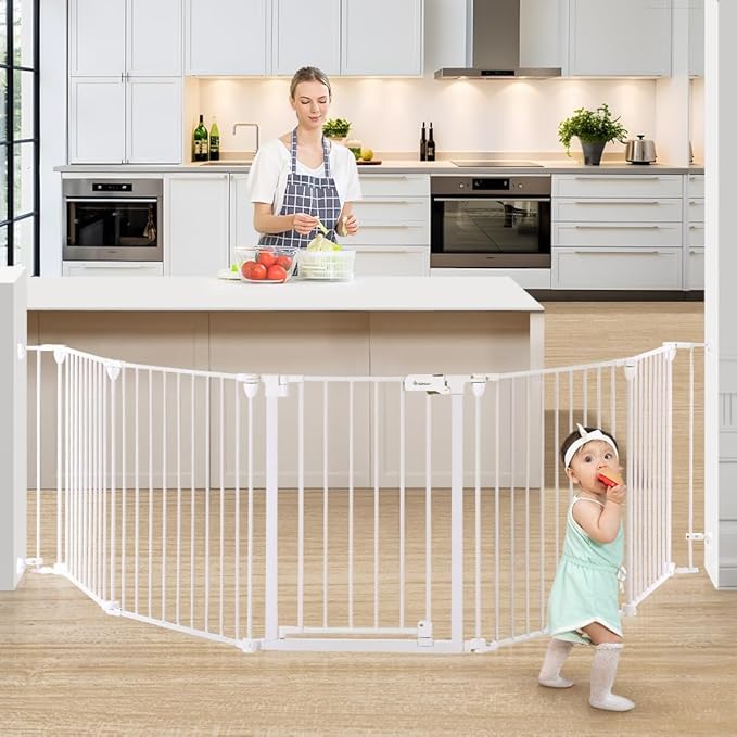 COMOMY 127.8" Extra Wide Baby Gate, Dog Gate for House Stairs Doorways | Auto Close Pet Gate with Door Walk Through, 5 Metal Panels, Hardware Mounted Baby Fence Indoor Outdoor(30" Tall,White)