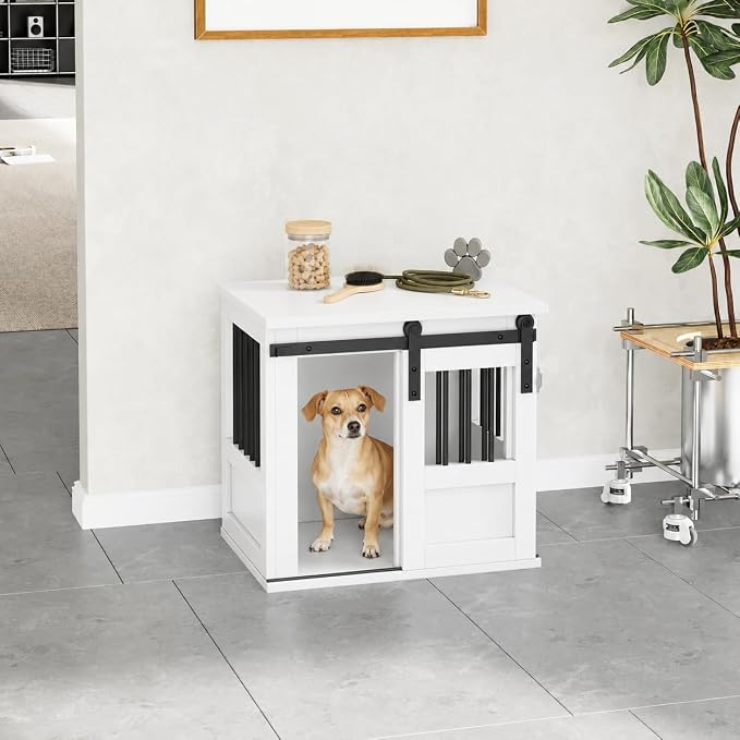 23" Wooden Dog Crate Furniture,Small Kennel Pet Cage End Table for Indoor | for Extra Small Dogs, White, Fits Living Room Bedroom, Heavy Duty Steel Frame,Sliding Barn Door,15 lbs Cap, 100 lbs Top.